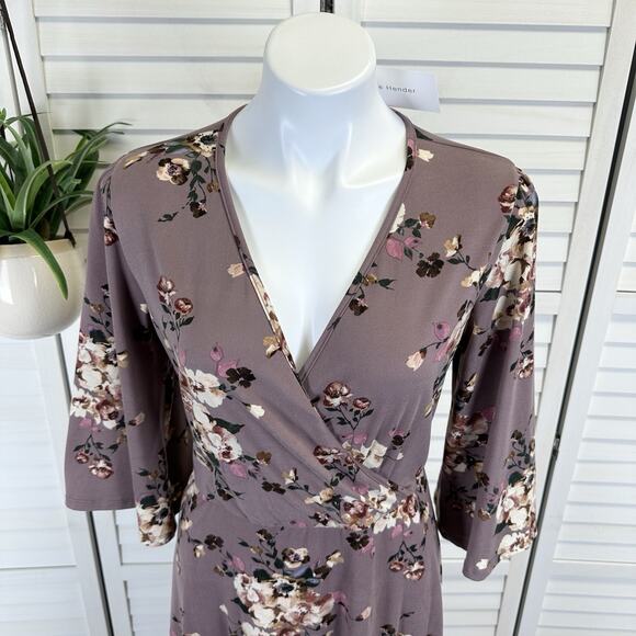 New Stevie Hender Mauve Floral Faux Wrap Dress Soft 3/4 Sleeve Boho Size L - Picture 2 of 9